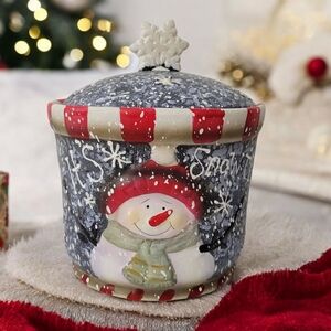 Snowman Holiday Ceramic Cookie Jar " It's Snow Time "